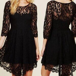 Free People 3/4 Sleeve Floral Leaf Design Lace Dress Goth 6 Black